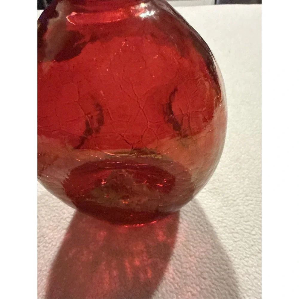 Vintage Blenko Red Rose Color Crackle Glass Pinched Decanter Mid Century‎